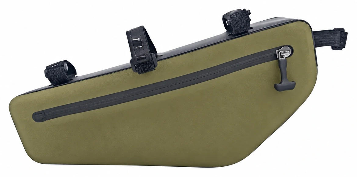 Custom waterproof bicycle bag in olive PVC with slim triangular frame shape, upper attachment straps and side zipper
