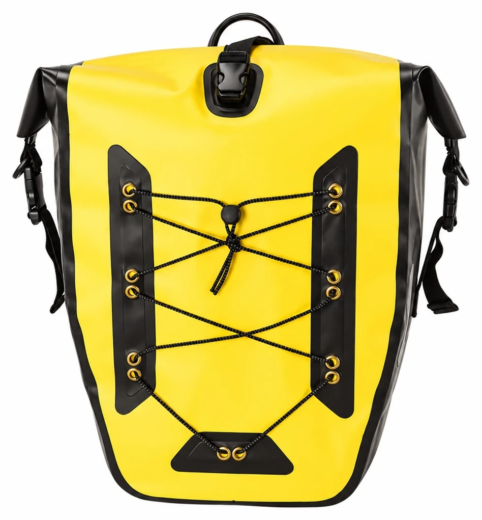 Custom waterproof bicycle bag with yellow front, black sides, roll-top buckle and adjustable front elastic cord