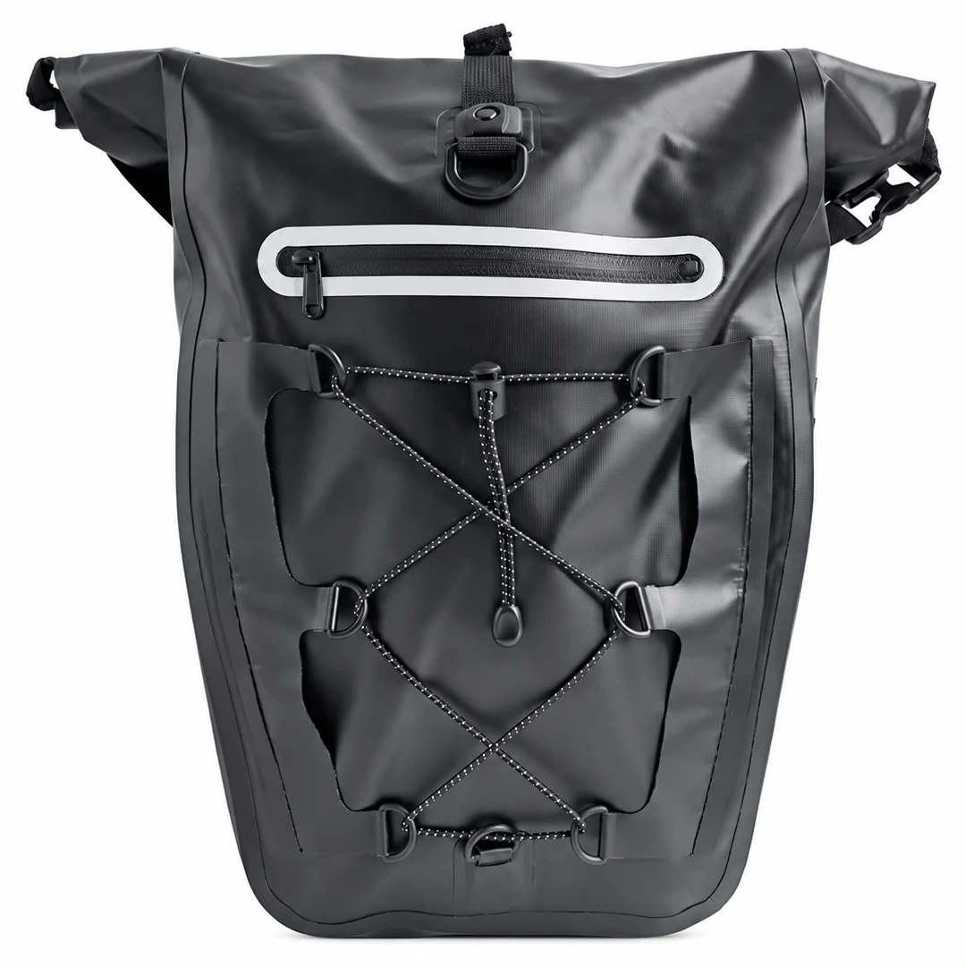 Custom waterproof bicycle bag in black PVC with roll-top opening, front zipper pocket and elastic-cord storage