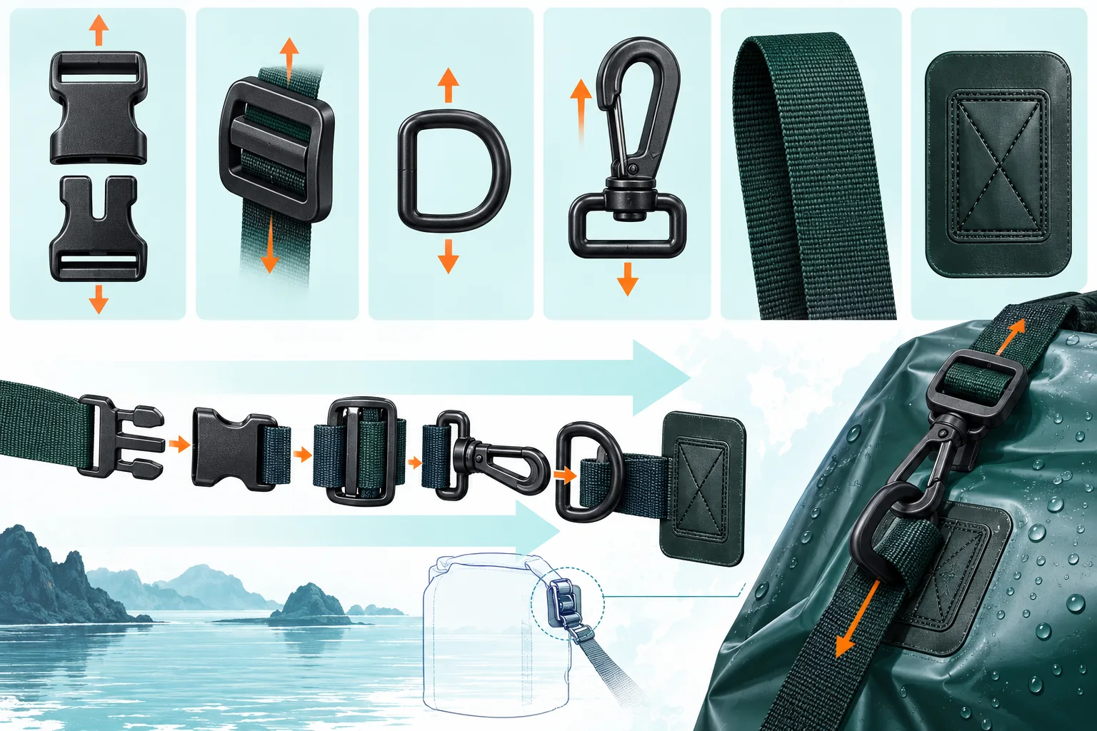 Original component specification board for waterproof bag buckles, webbing, D-rings and attachment hardware
