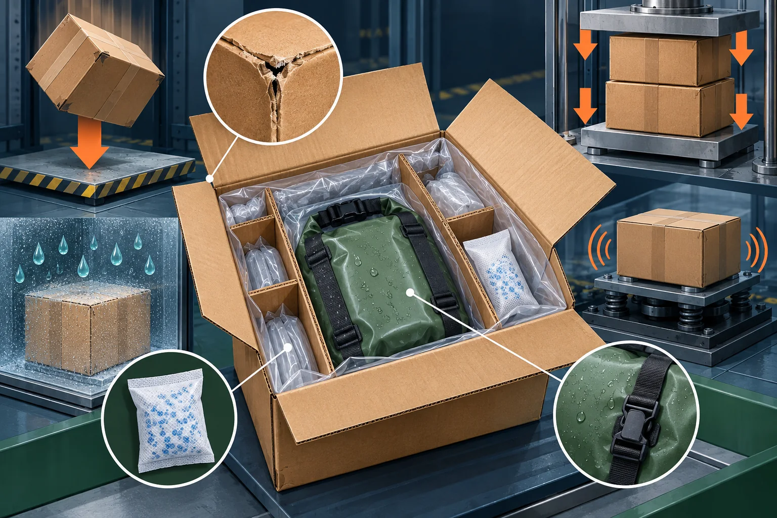 Original export-packaging diagram showing carton drop, compression, moisture barrier and product protection