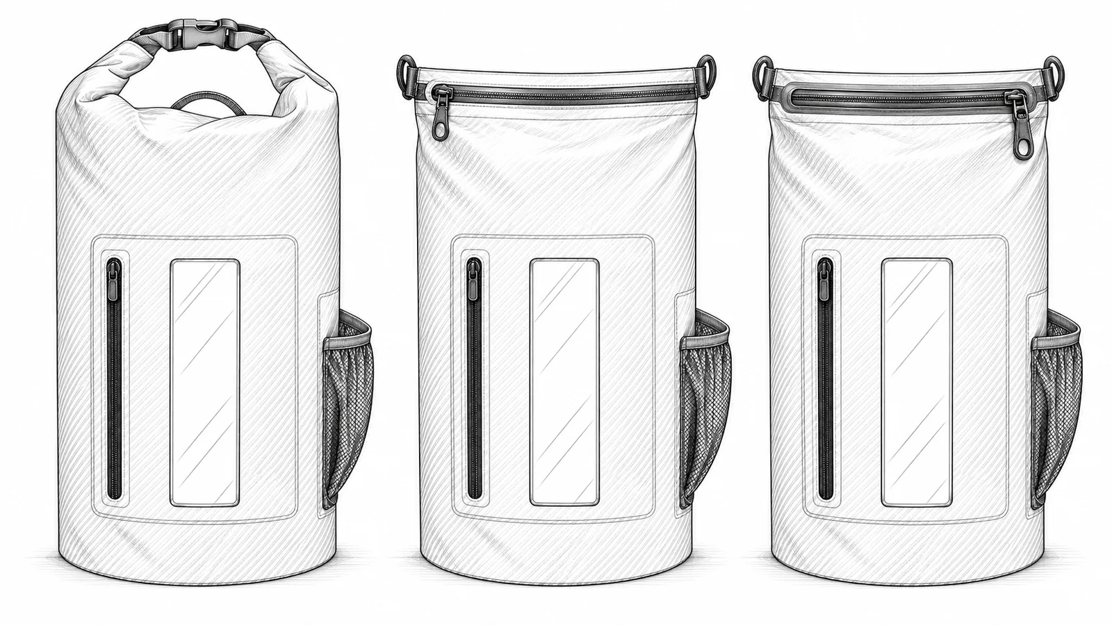 Black-and-white product line drawing comparing roll-top and zipper closure systems