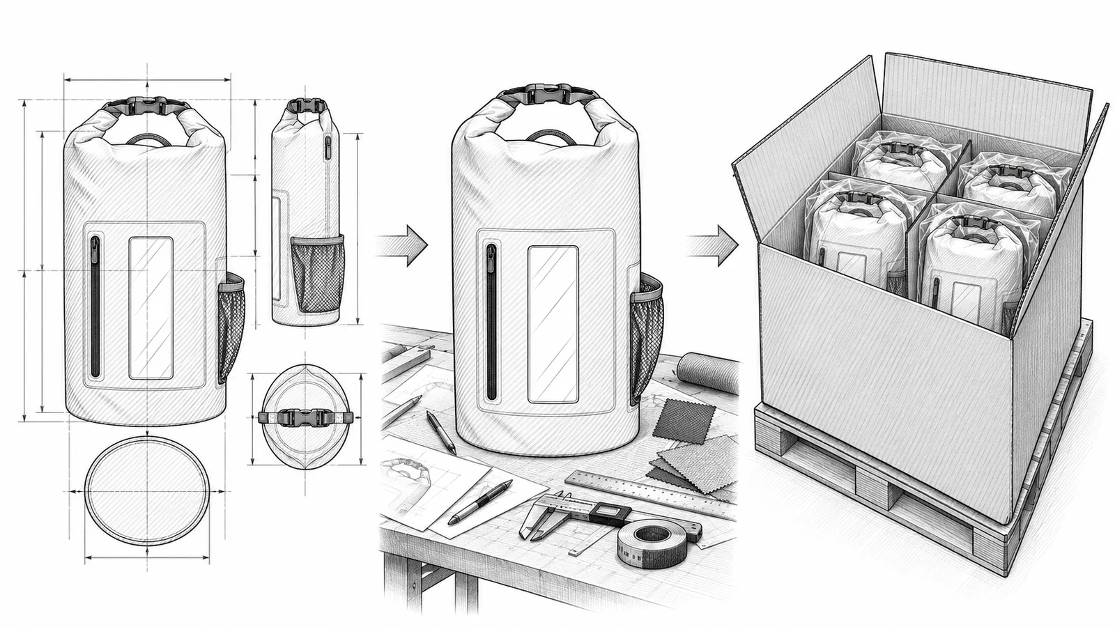 Line-art sequence showing waterproof bag design, sample review and carton packing