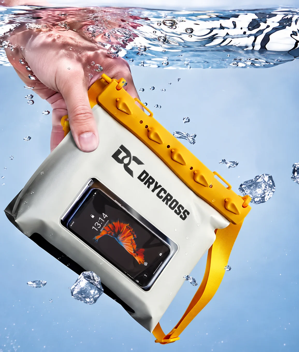 DryCross waterproof phone bag submerged underwater for leakage and closure performance analysis