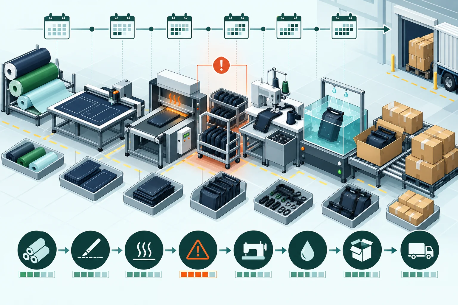 Original factory-capacity timeline showing materials, bottleneck processes, inspection and delivery milestones