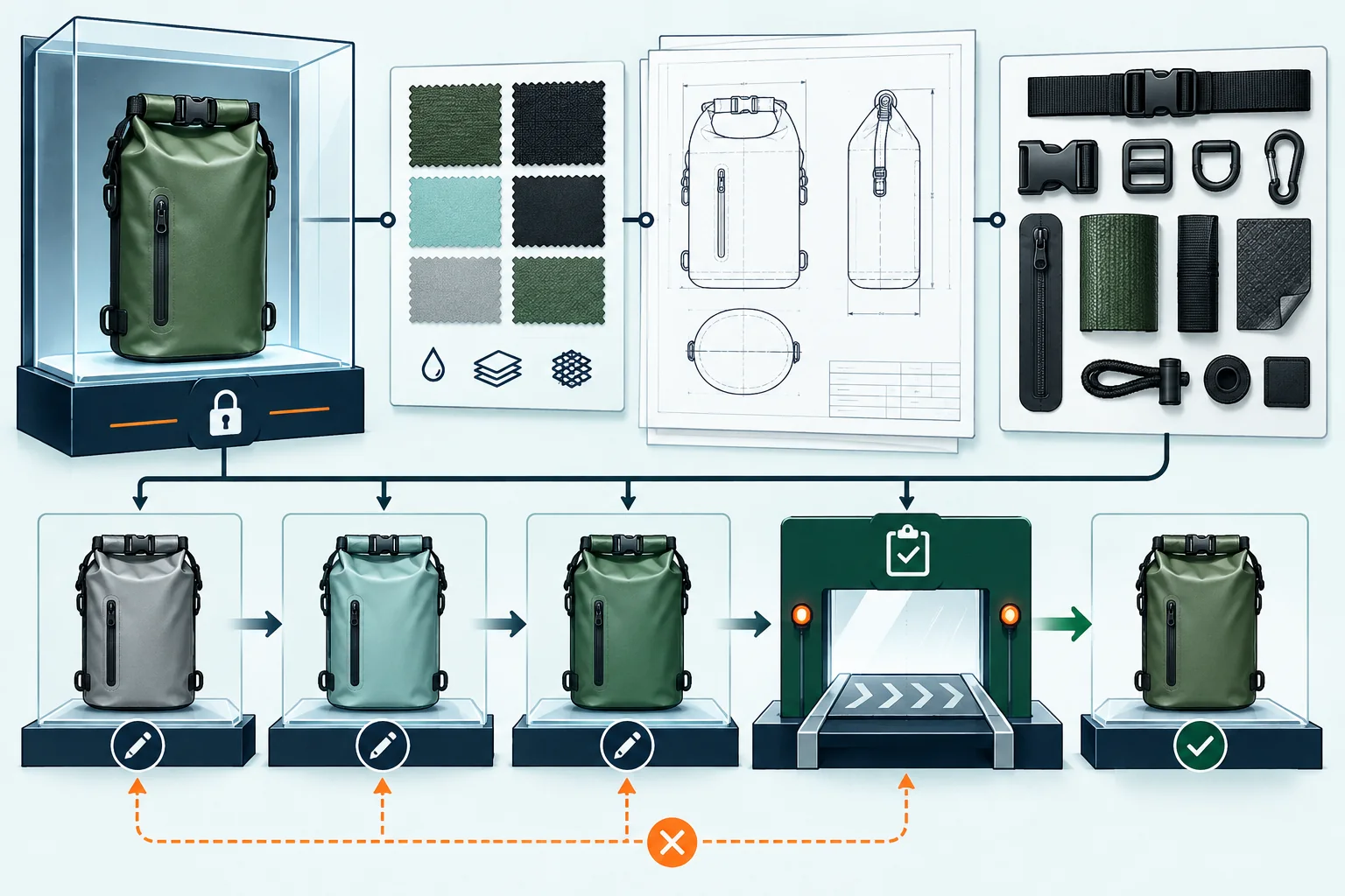Original golden-sample and revision-control workflow for repeat waterproof bag orders