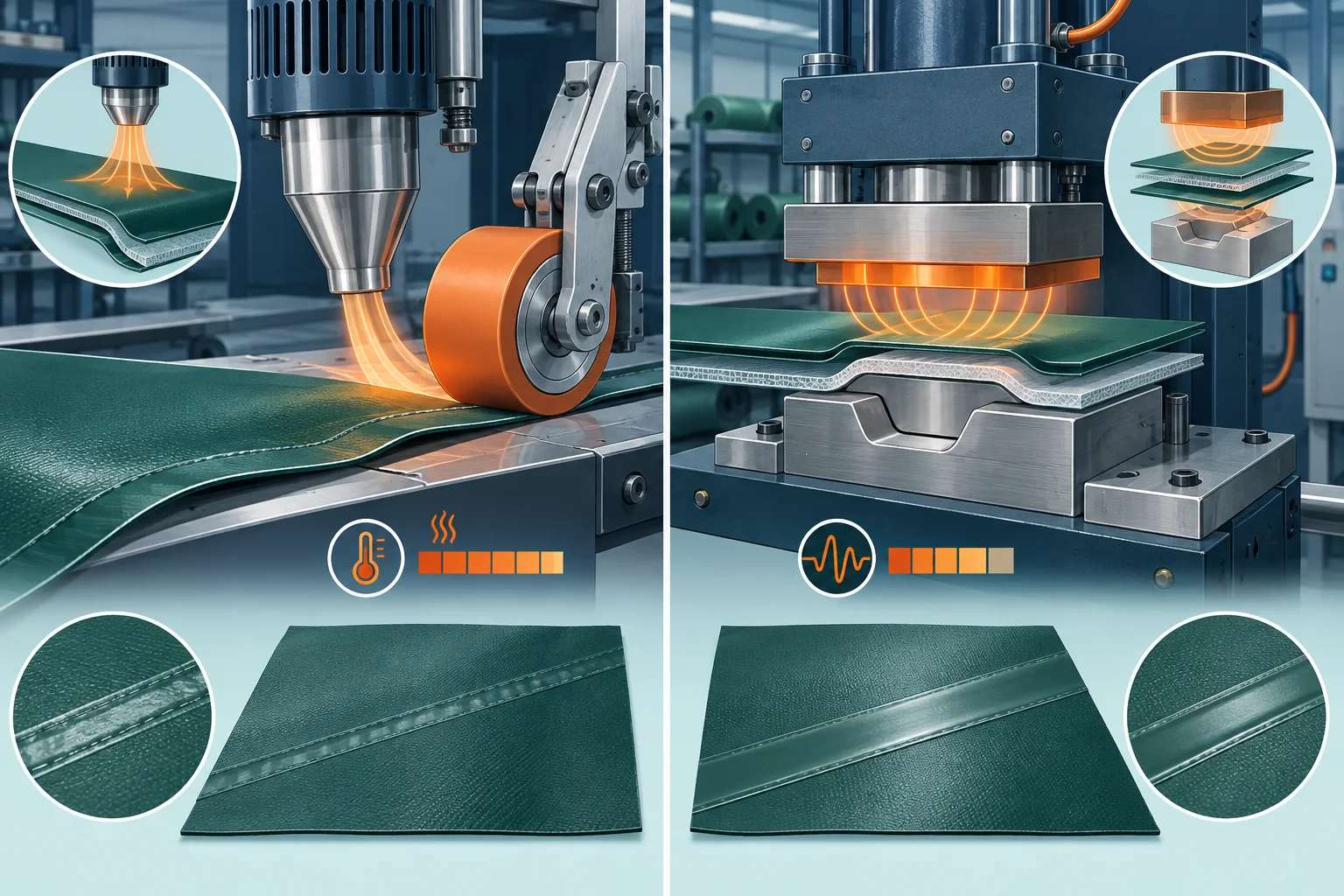 Original technical diagram comparing hot-air and radio-frequency welding for waterproof bag production