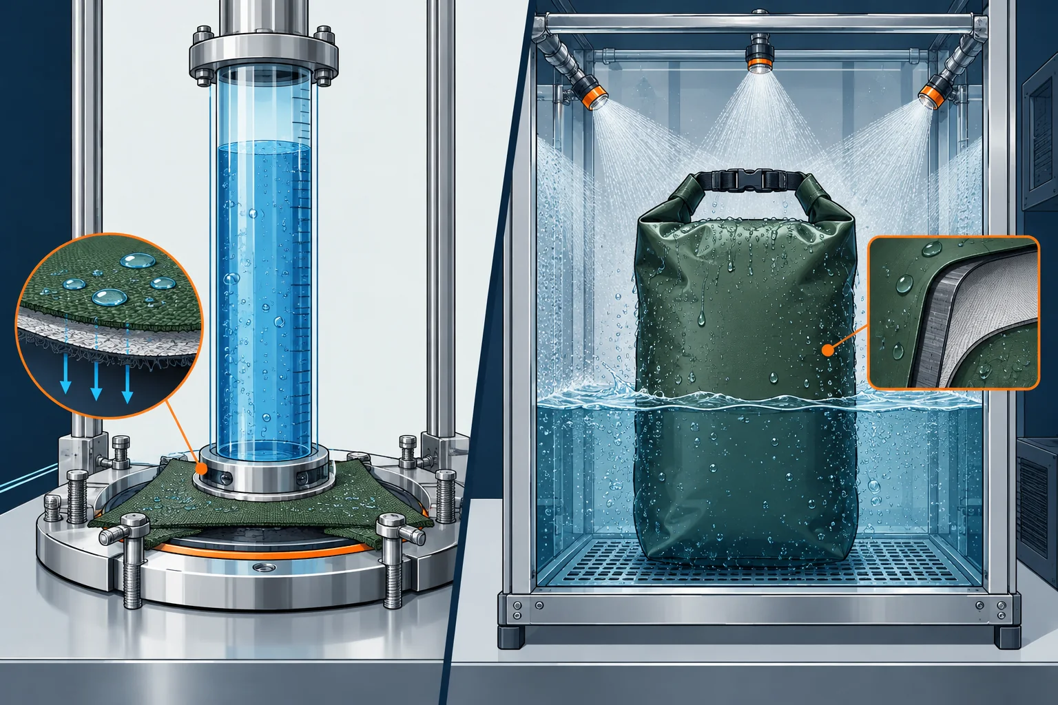 Original comparison diagram of hydrostatic-head material testing and finished-bag IPX ingress testing