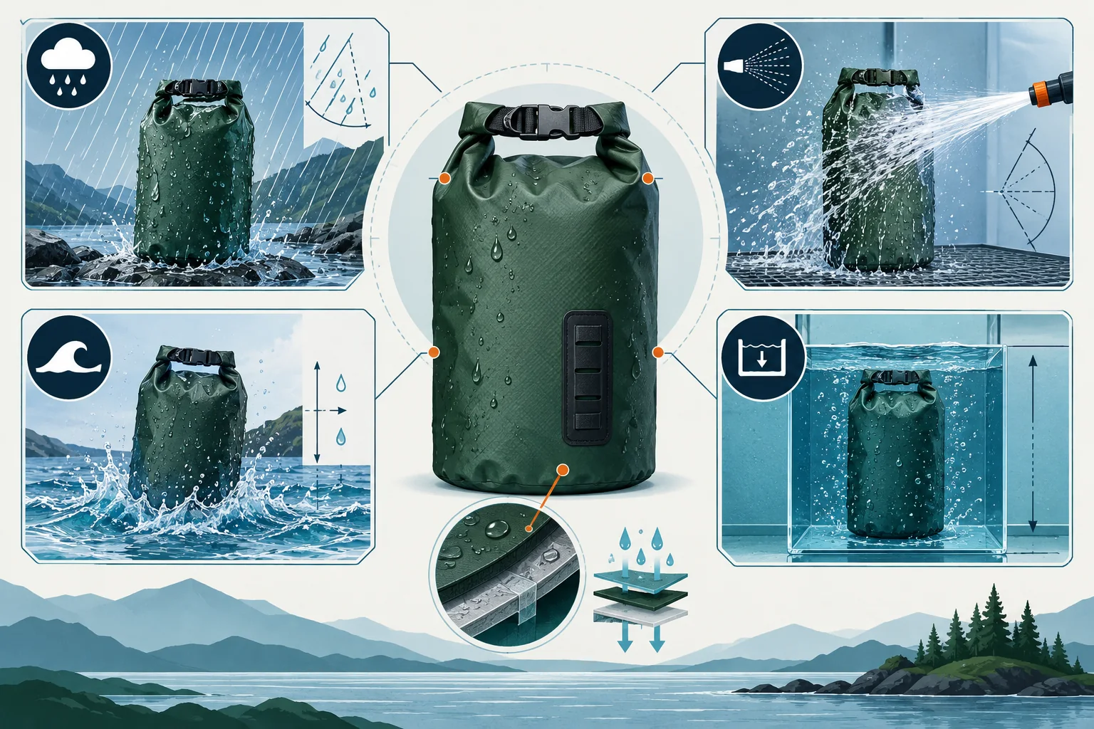 Original technical diagram mapping waterproof bag use cases to spray, jet and immersion claim evidence