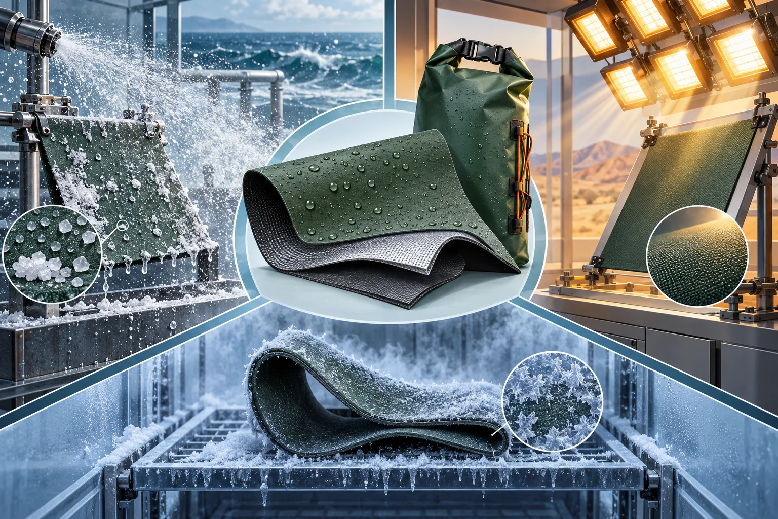Original environmental durability diagram covering saltwater, ultraviolet exposure and cold-weather flexibility