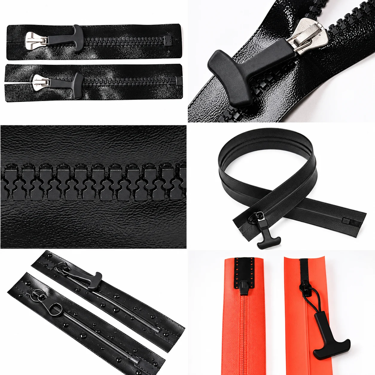 White-background comparison of coated waterproof zippers and airtight sealing zipper constructions for waterproof bags