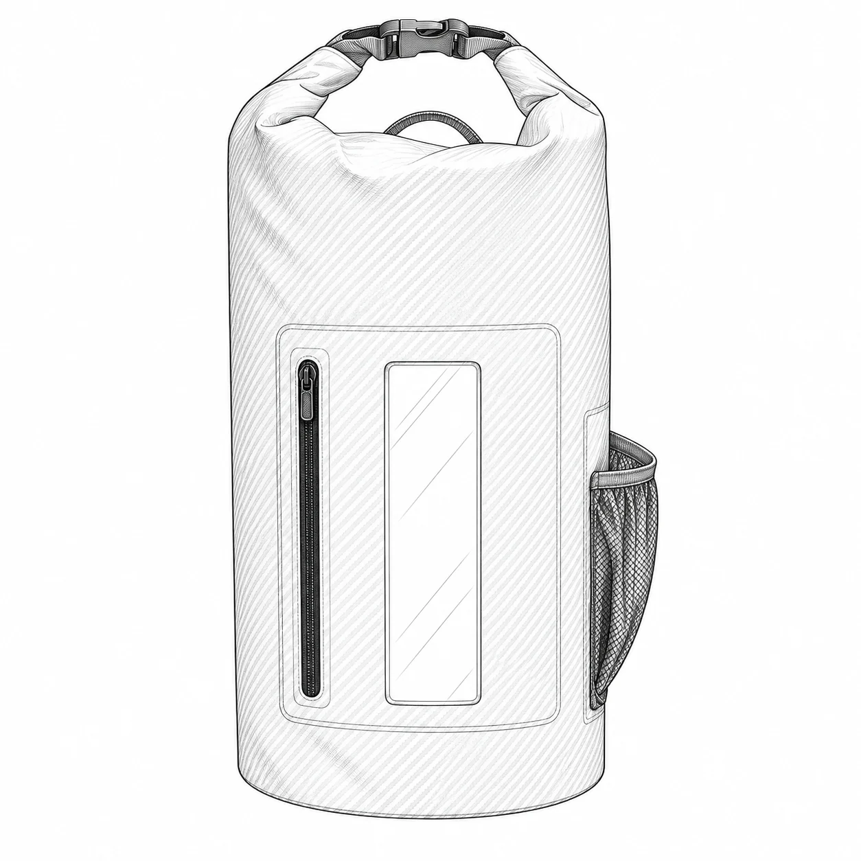 Technical line drawing of a roll-top waterproof bag with front waterproof zipper, viewing window and side mesh pocket