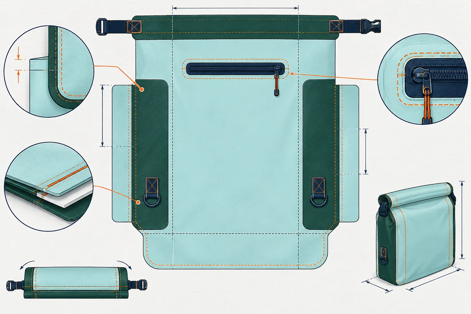 Original waterproof bag seam map showing weld width, overlap, corners and reinforced load zones