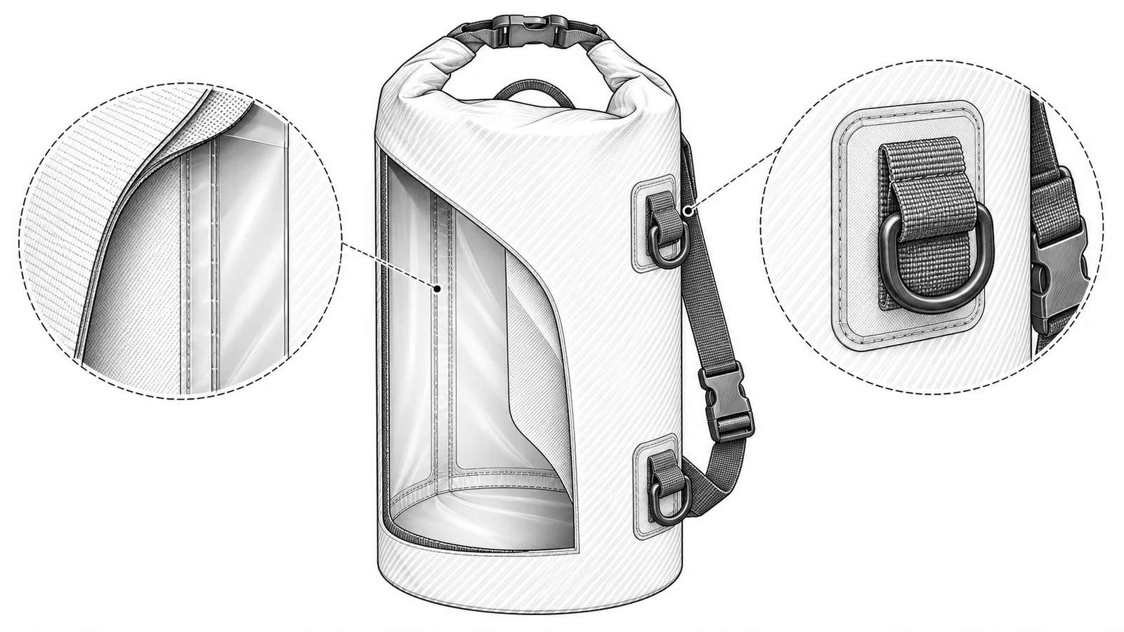 Technical line drawing of welded waterproof bag seams and reinforced attachment patches
