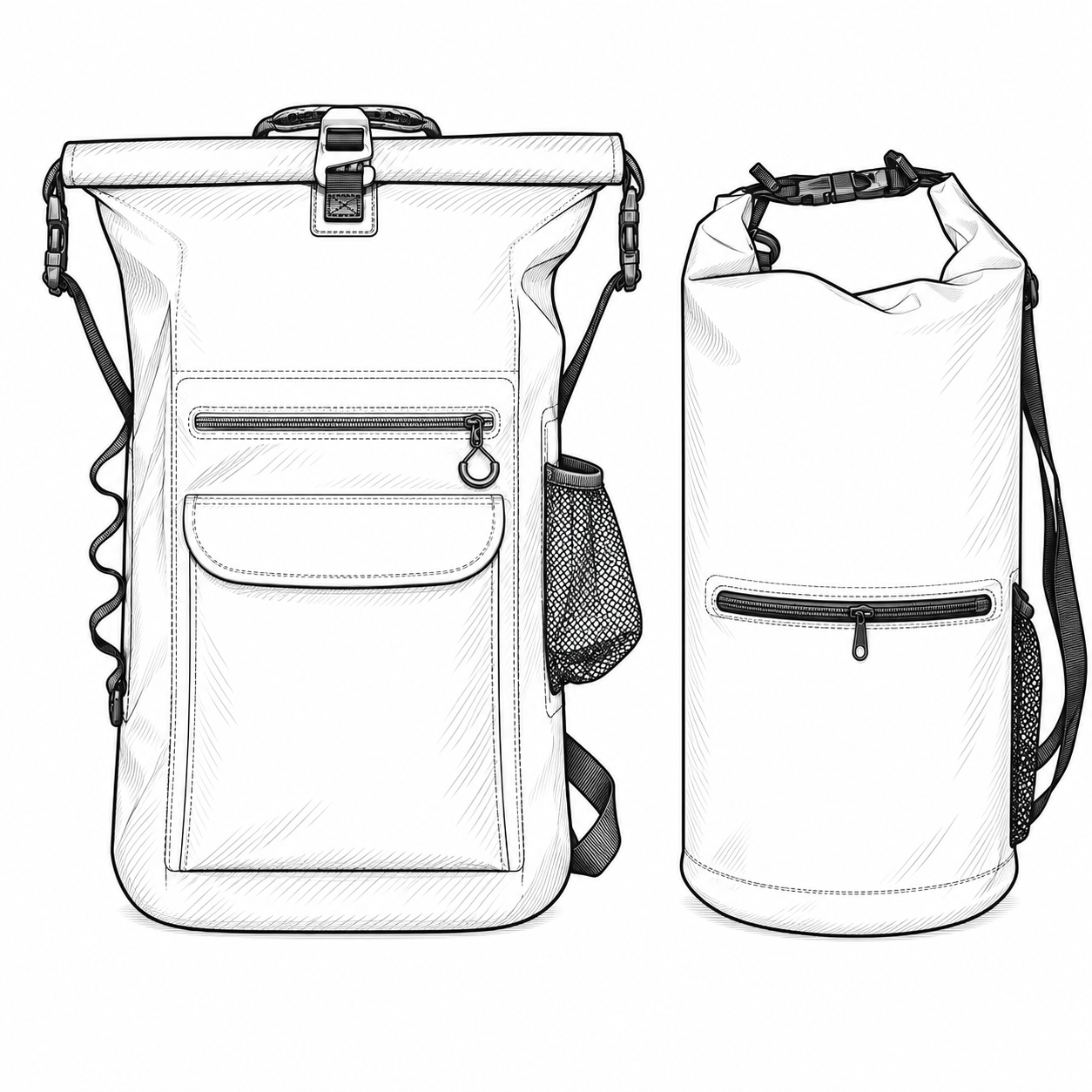 Product-derived contour illustration comparing a roll-top backpack and a cylinder dry bag