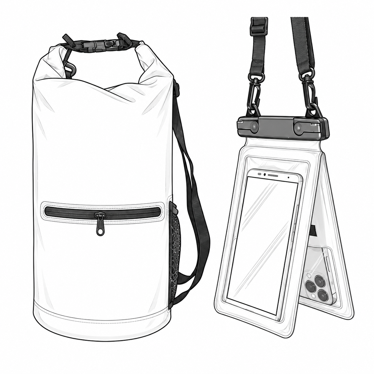 Contour illustration of a cylinder dry bag and a dual phone pouch for a retail bundle