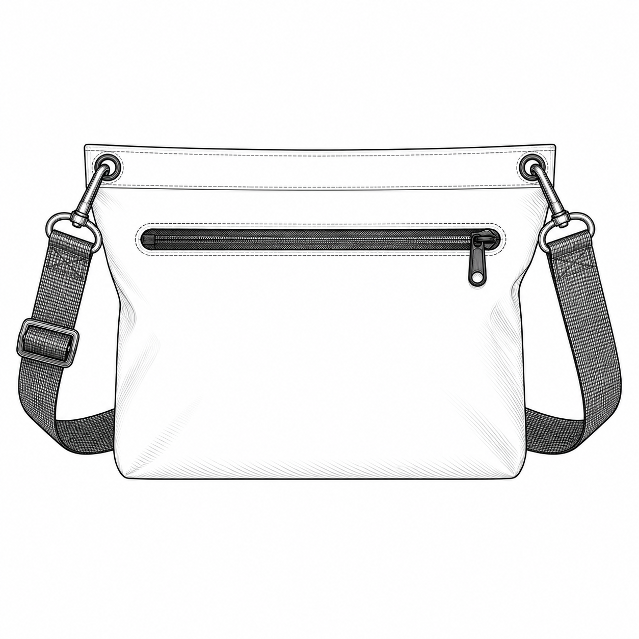 Black-and-white product contour drawing of a horizontal zipper pouch with adjustable crossbody shoulder strap