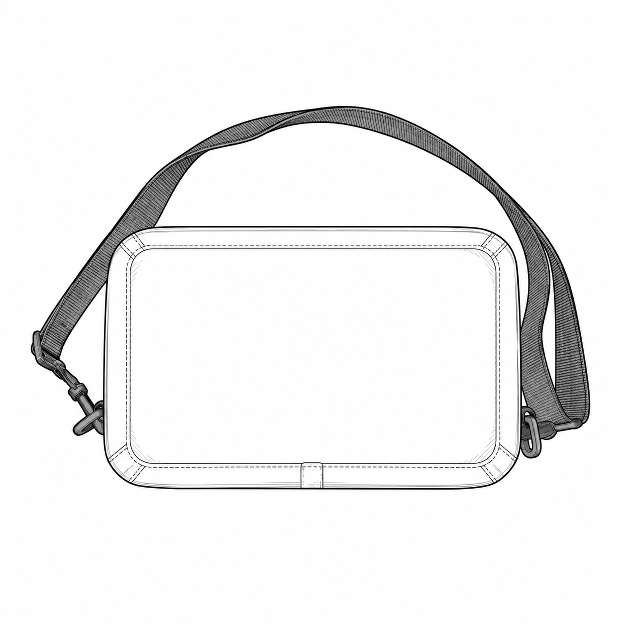 Contour illustration of a rectangular equipment storage pouch with a shoulder strap and blank front panel