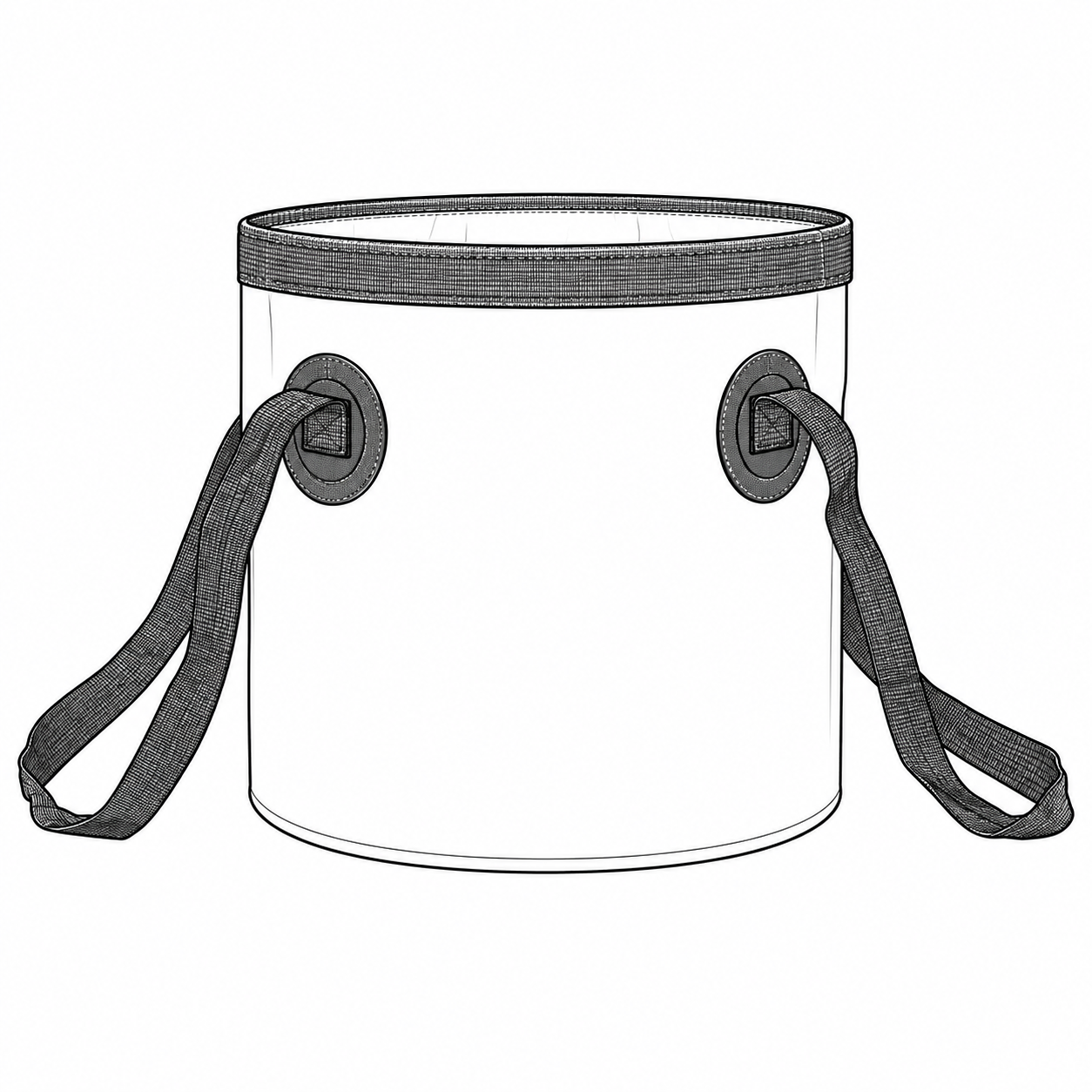 Product-derived line drawing of an open cylindrical folding water bucket with two webbing handles