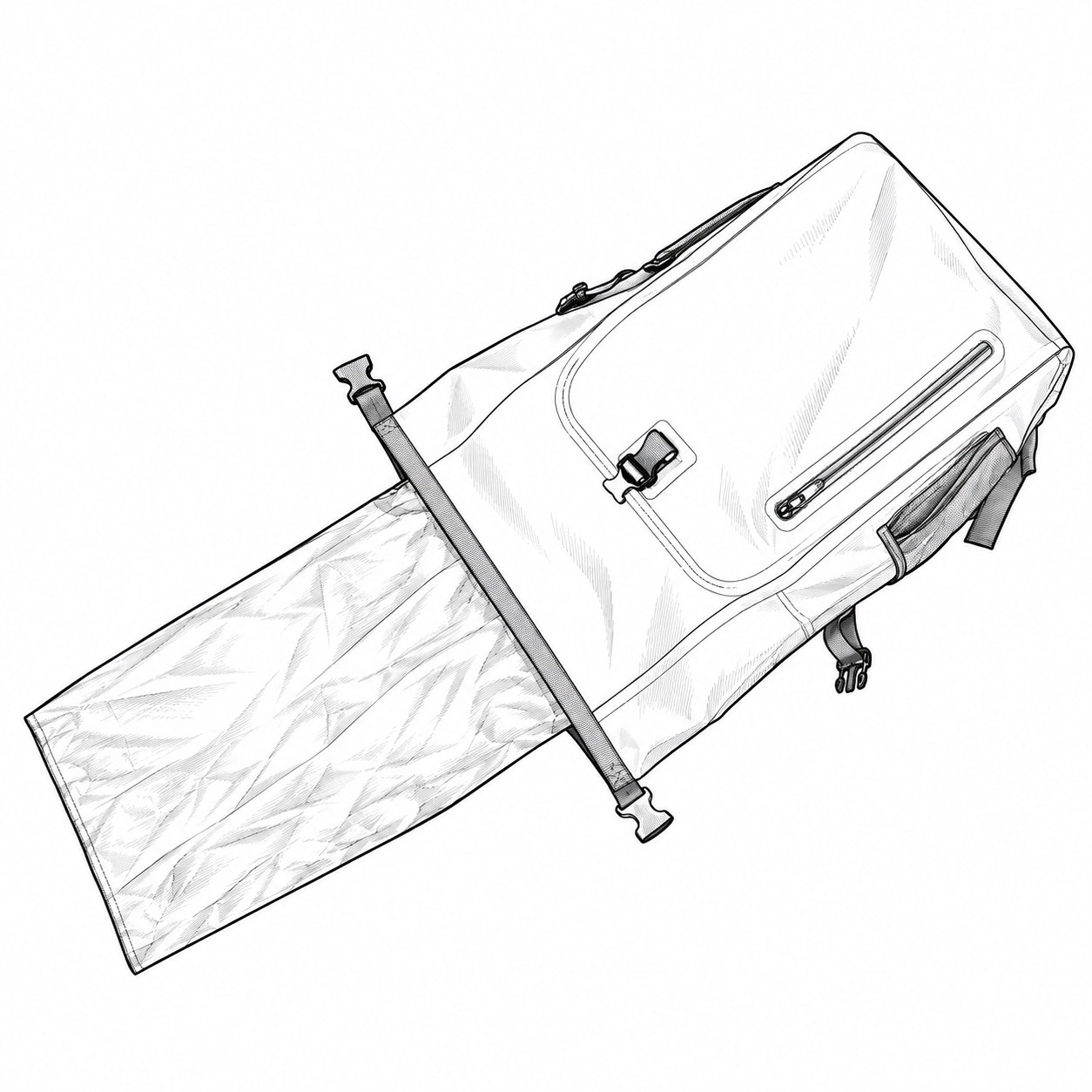 Contour illustration of an open roll-top backpack with its visible fabric inner pocket extended outward