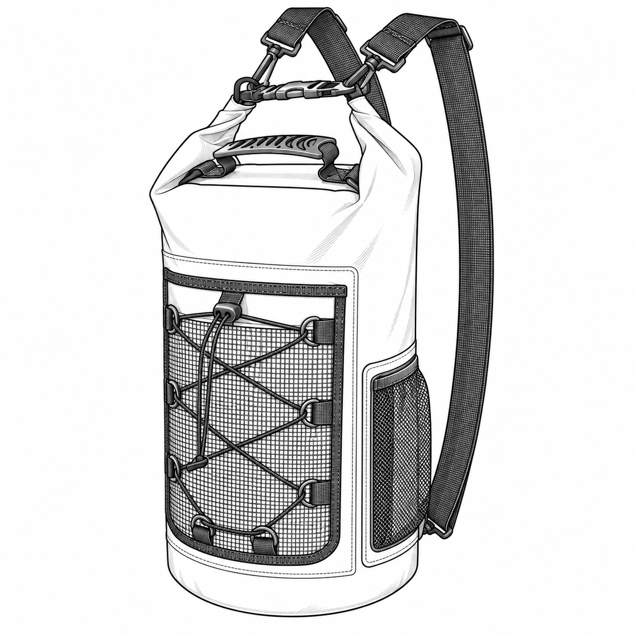 Contour drawing of a roll-top carry bag with front mesh pocket, elastic cord and side mesh pocket