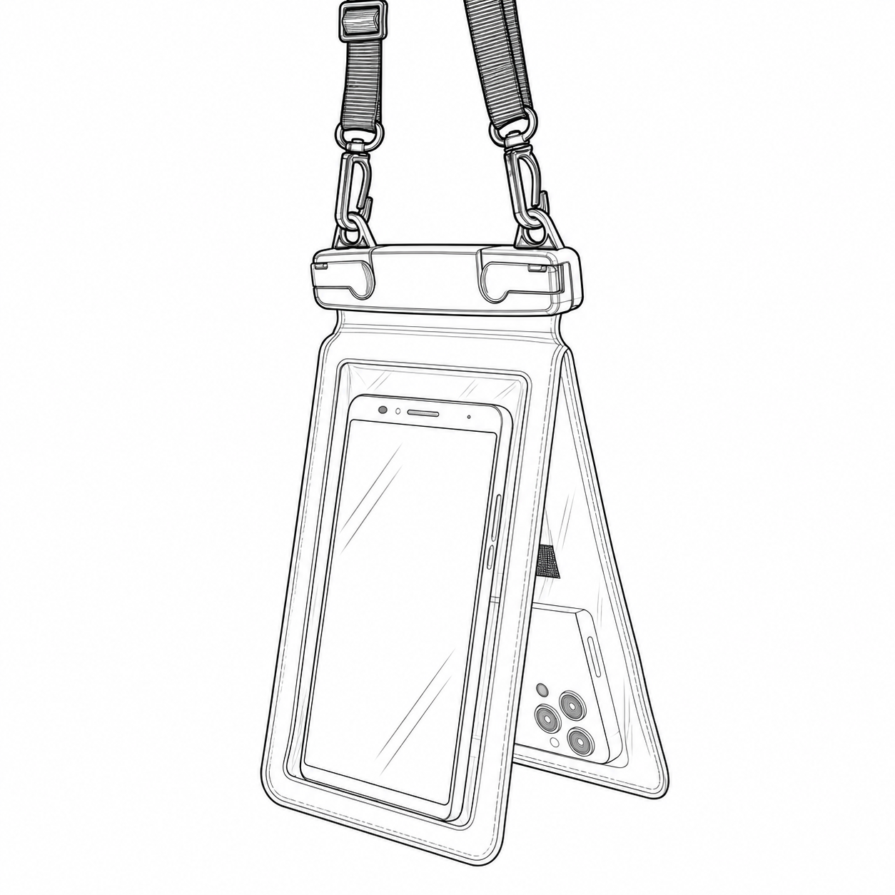 Contour drawing of a two-chamber phone pouch with transparent panels, clamp closure and lanyard