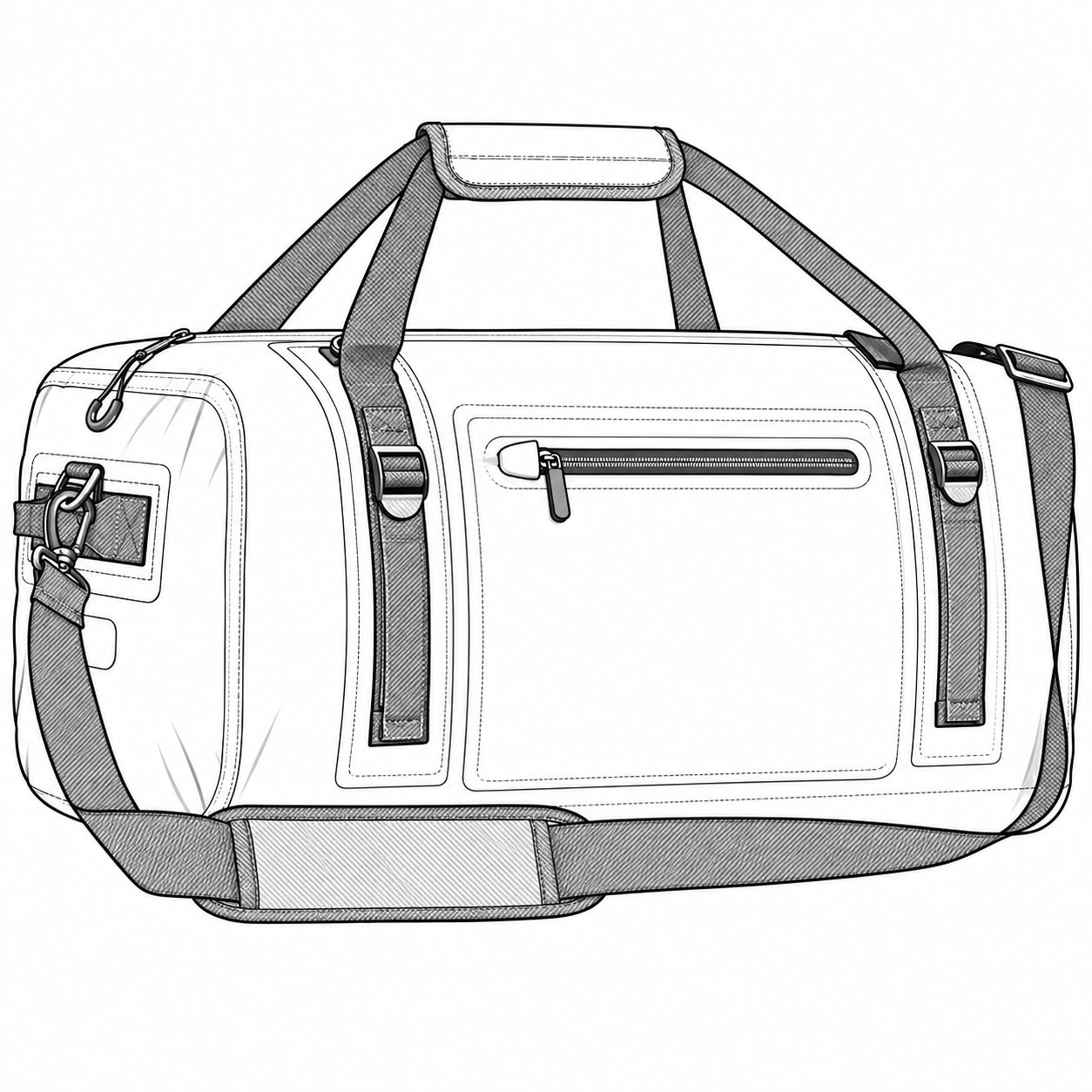 Product-derived contour drawing of a duffel with handle, shoulder strap and front zipper pocket
