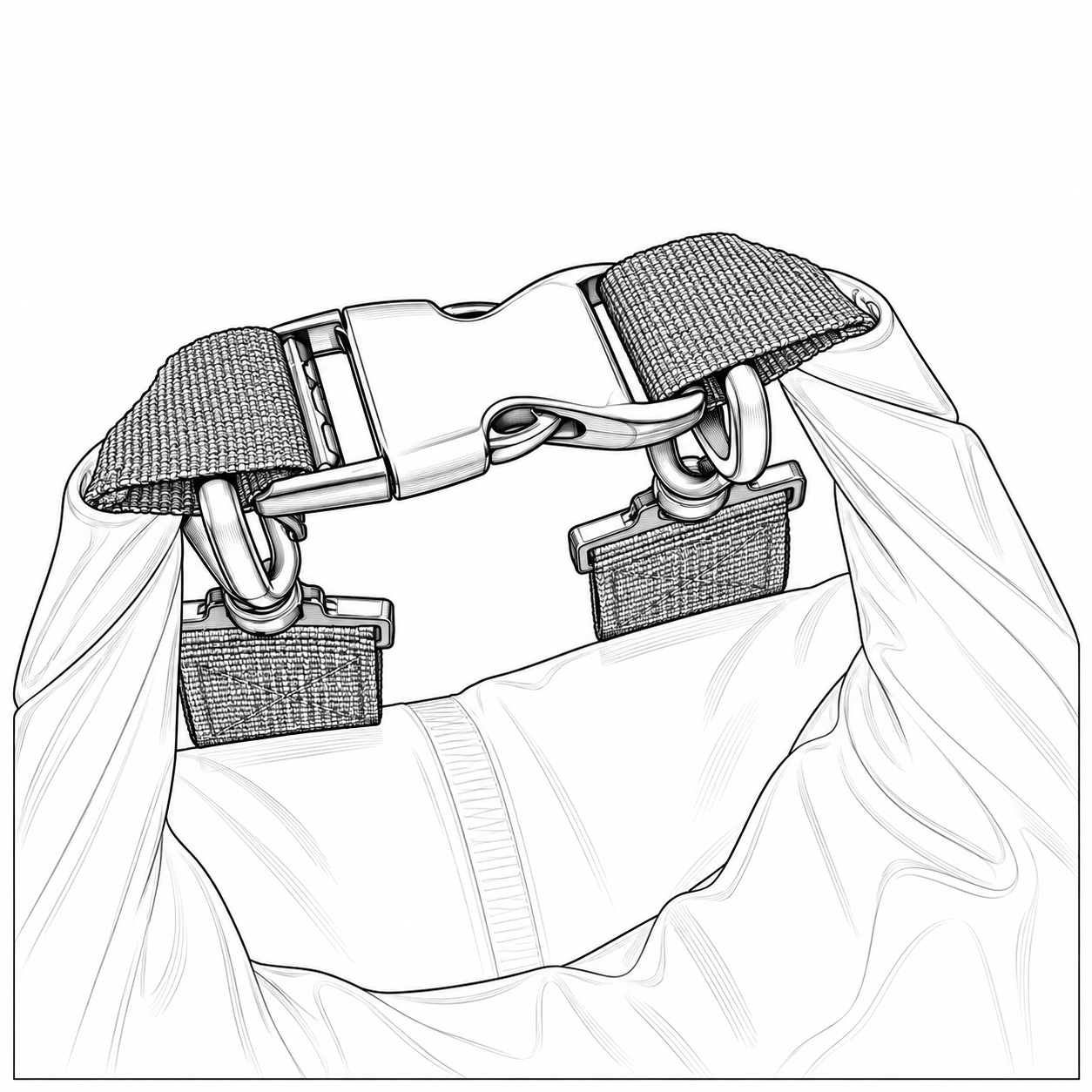 Contour detail drawing of a roll-top dry bag buckle, webbing, D-rings and folded opening
