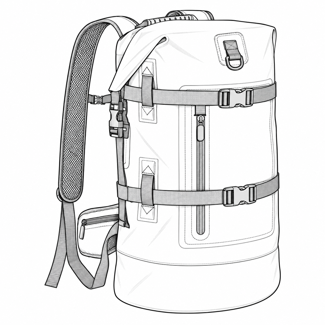 Product-derived contour drawing of a roll-top backpack with front straps and a separate exterior pocket