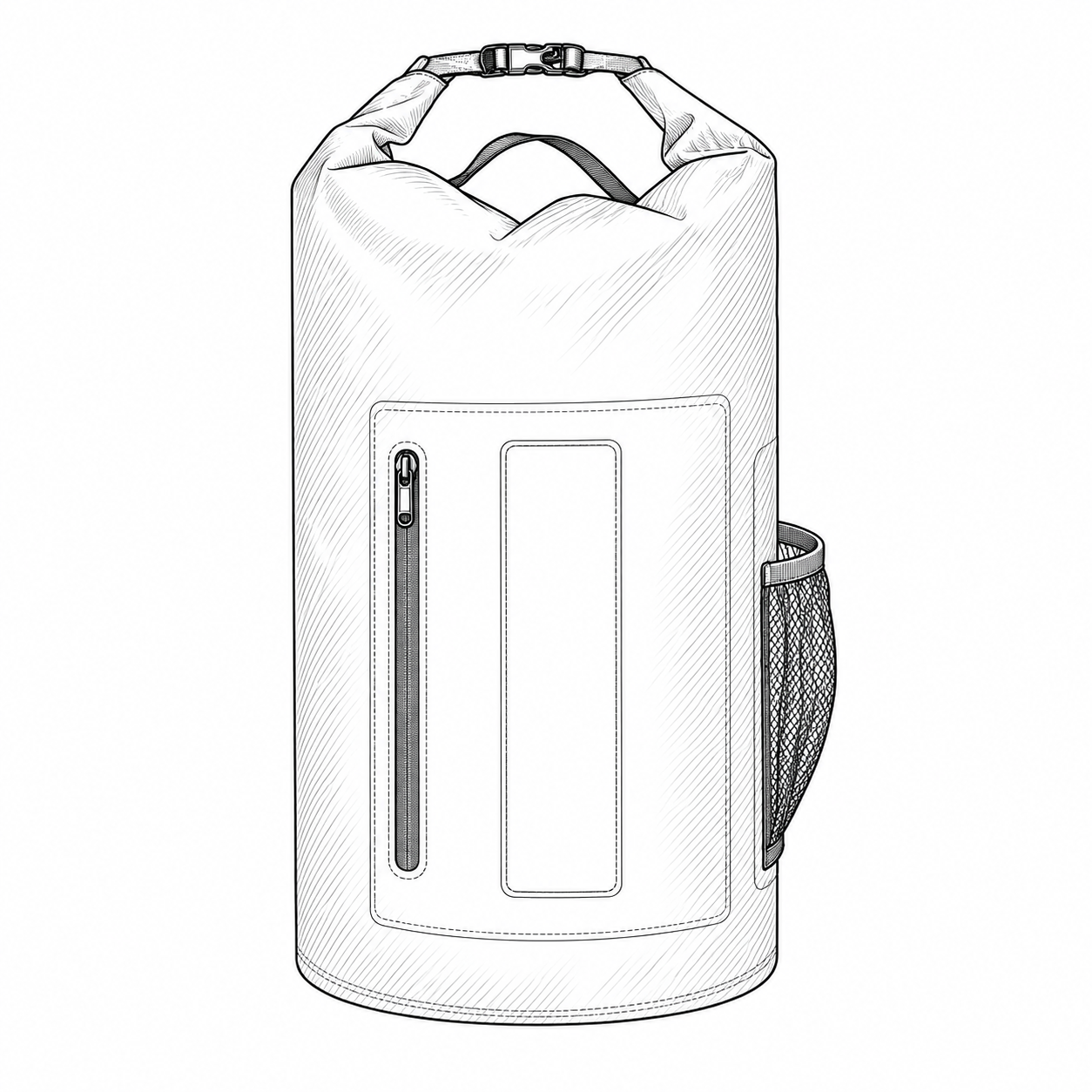 Contour illustration of a cylinder dry bag with a front viewing window, vertical pocket zipper and mesh side pocket