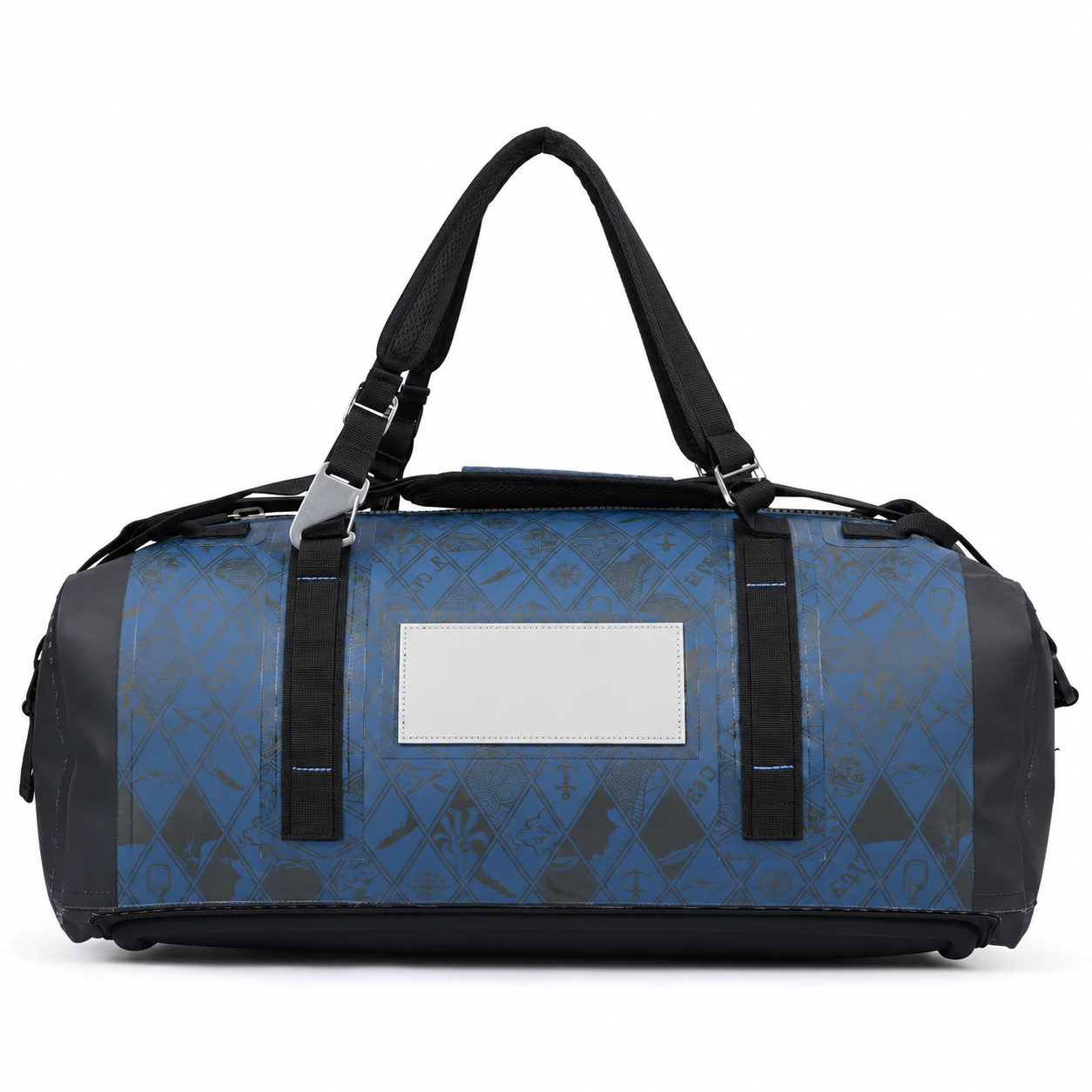 Printed PVC custom waterproof motorcycle duffel with black handles and blank front patch