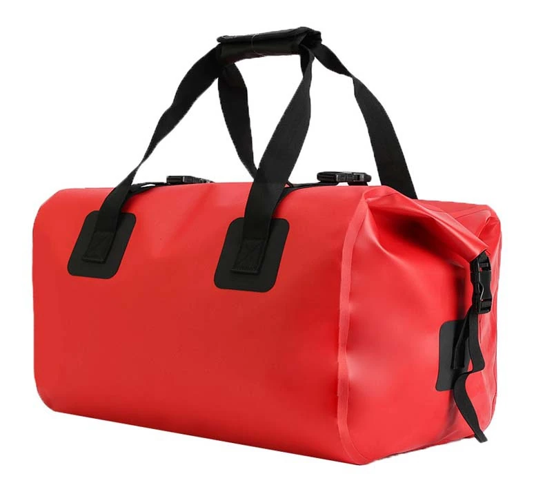 Red 60 litre TPU custom waterproof motorcycle tail bag with carry handles and shoulder strap