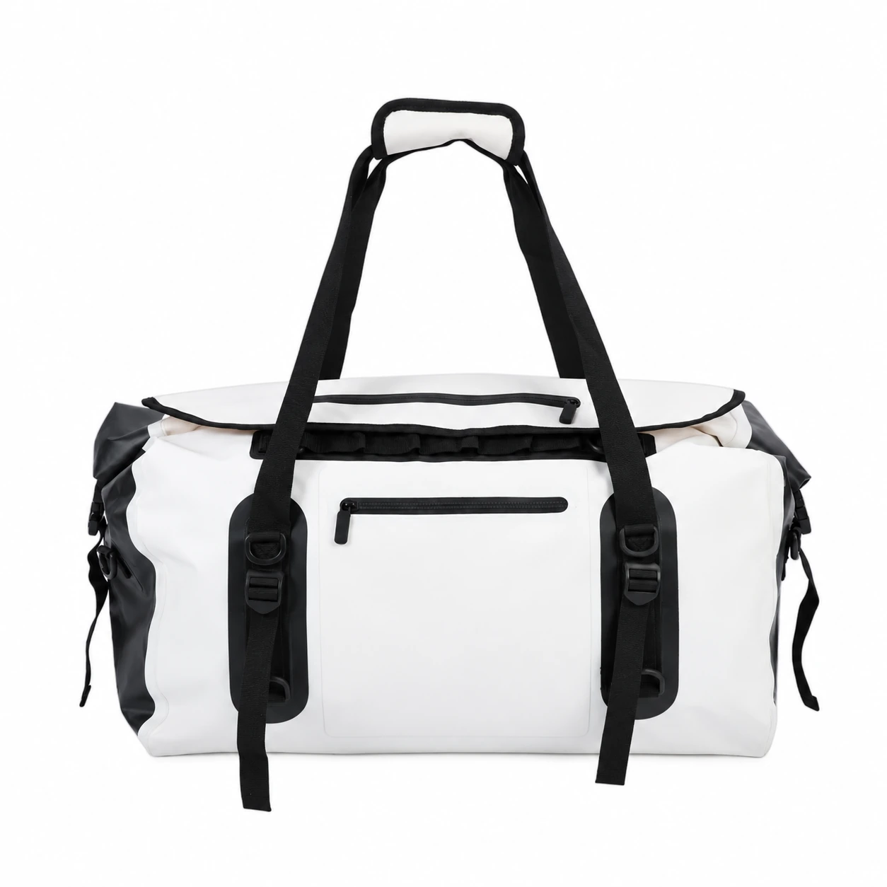White and black PVC custom waterproof motorcycle backpack duffel with blank front pocket