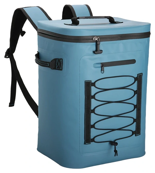 Blue 600D TPU waterproof cooler backpack with top handle and front bungee
