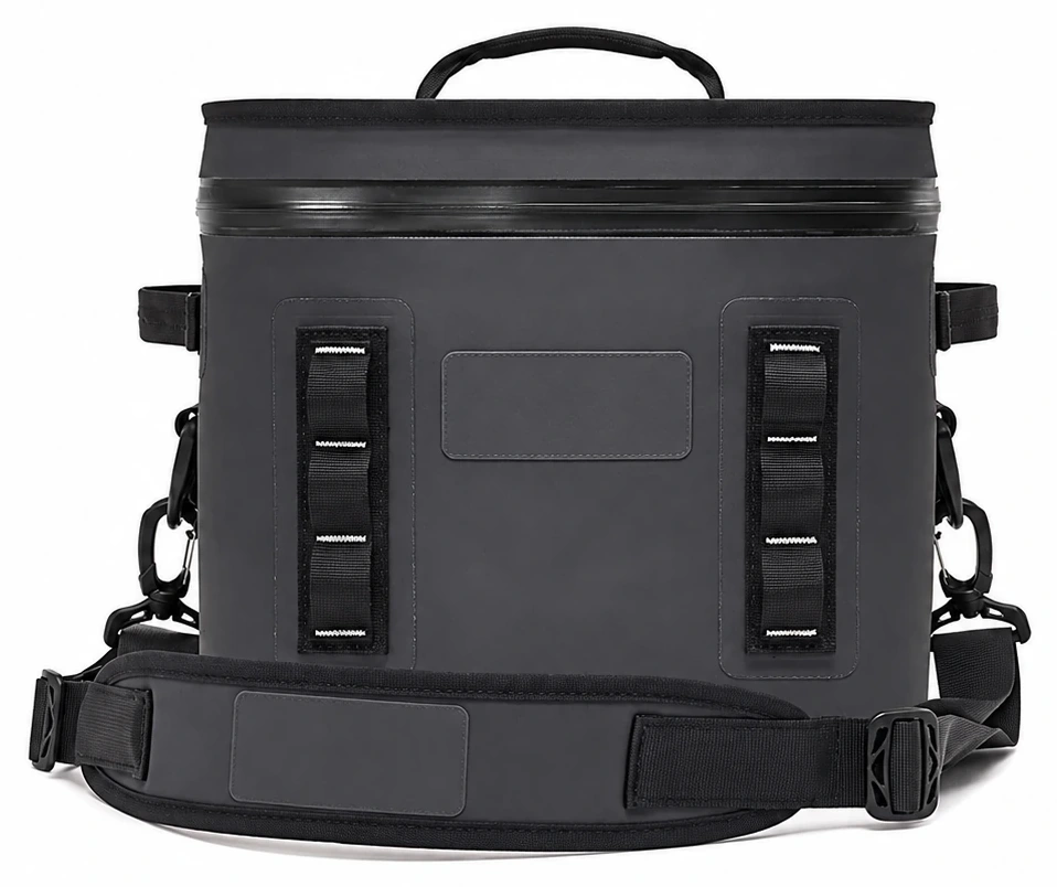 Black box-lid TPU waterproof cooler with blank custom-logo panels