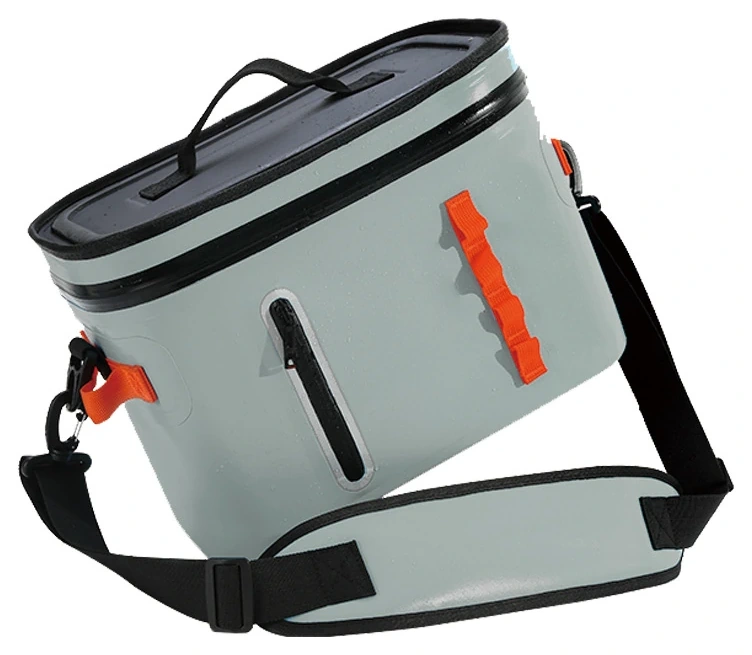 Grey TPU lunch cooler with orange loops and padded shoulder strap