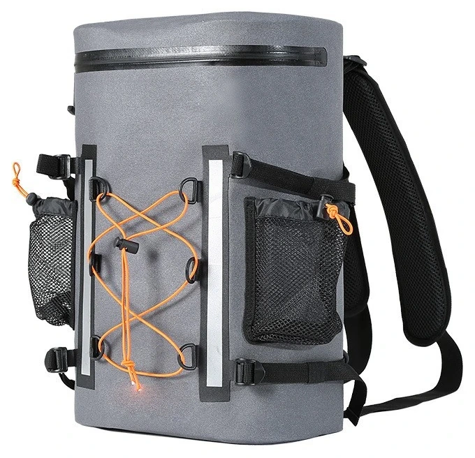 Grey cylindrical waterproof cooler backpack with orange lacing and mesh pockets