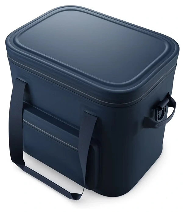 Navy TPU waterproof tote cooler viewed from above with closed box lid