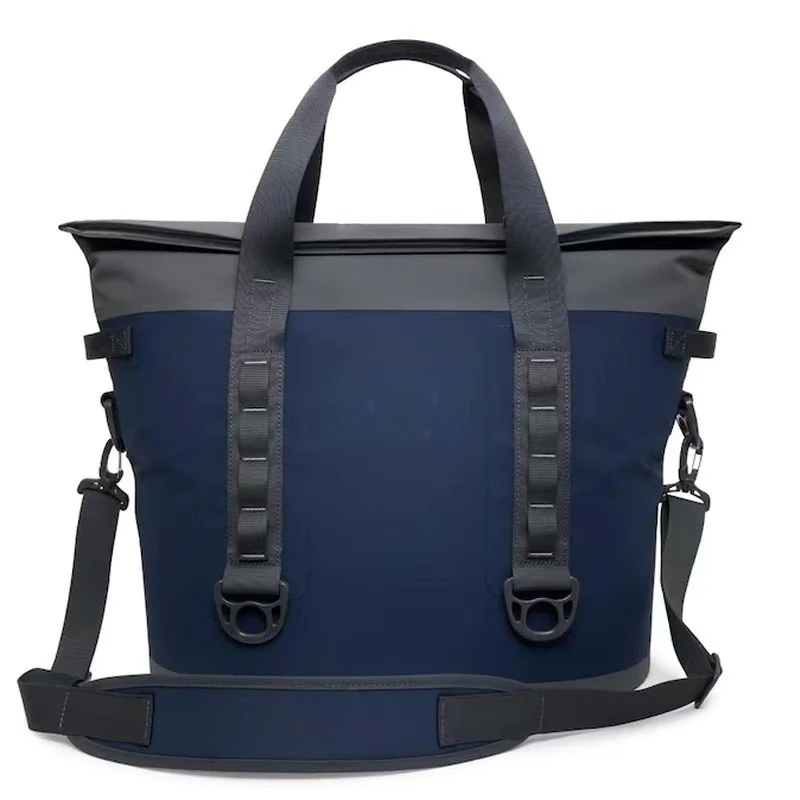 Navy and grey insulated picnic tote with full-length webbing handles