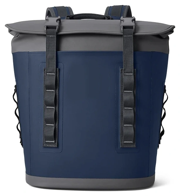 Navy tall waterproof cooler backpack with grey trim and long front webbing