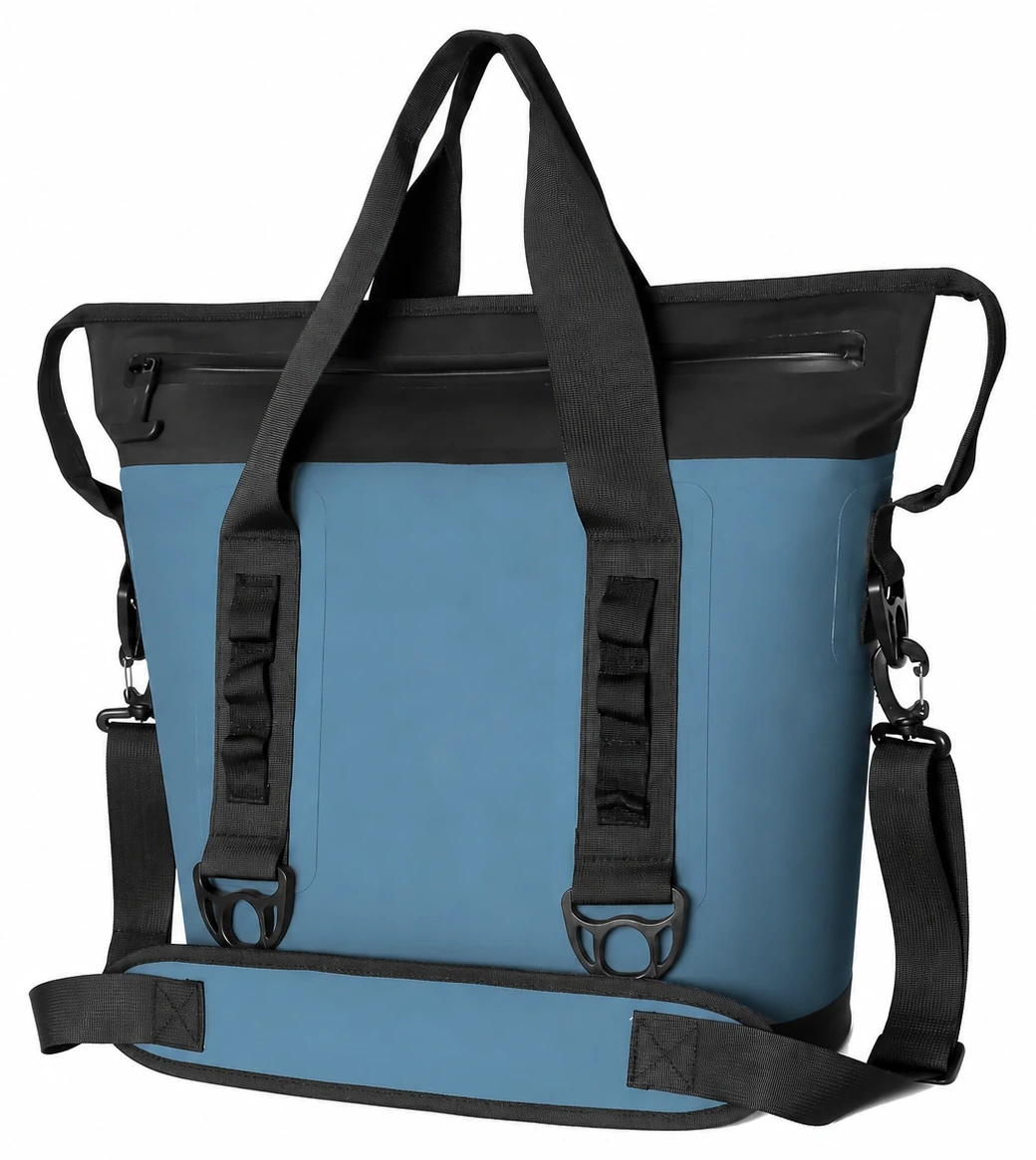 Blue and black waterproof cooler tote with unbranded front panel and shoulder pad