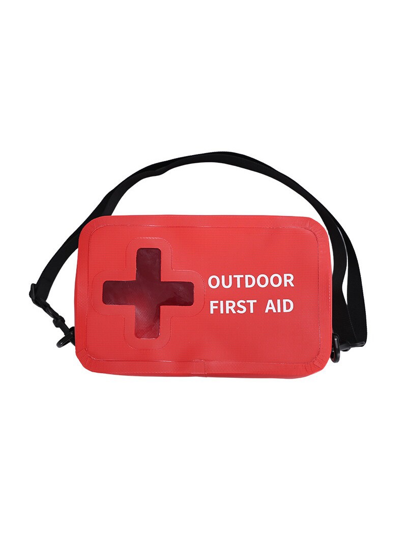 Buyer-supplied red outdoor first-aid storage bag with a carry strap on a white background