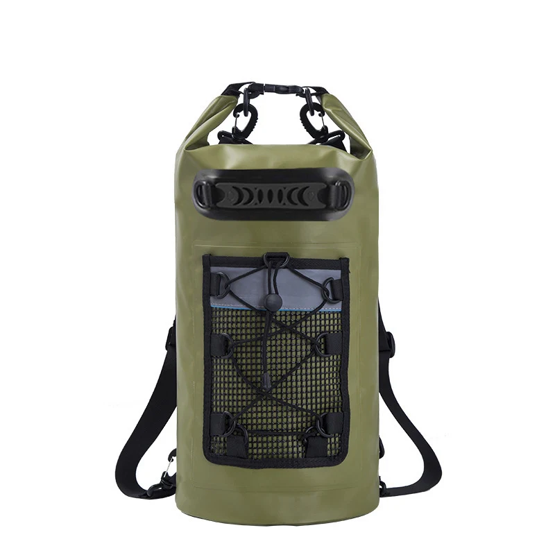Olive roll-top dry bag with external mesh pocket and shoulder straps