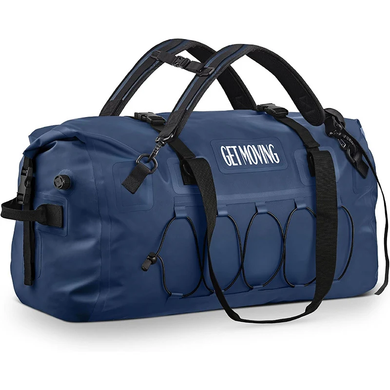 Blue horizontal travel duffel with carry straps and external cord