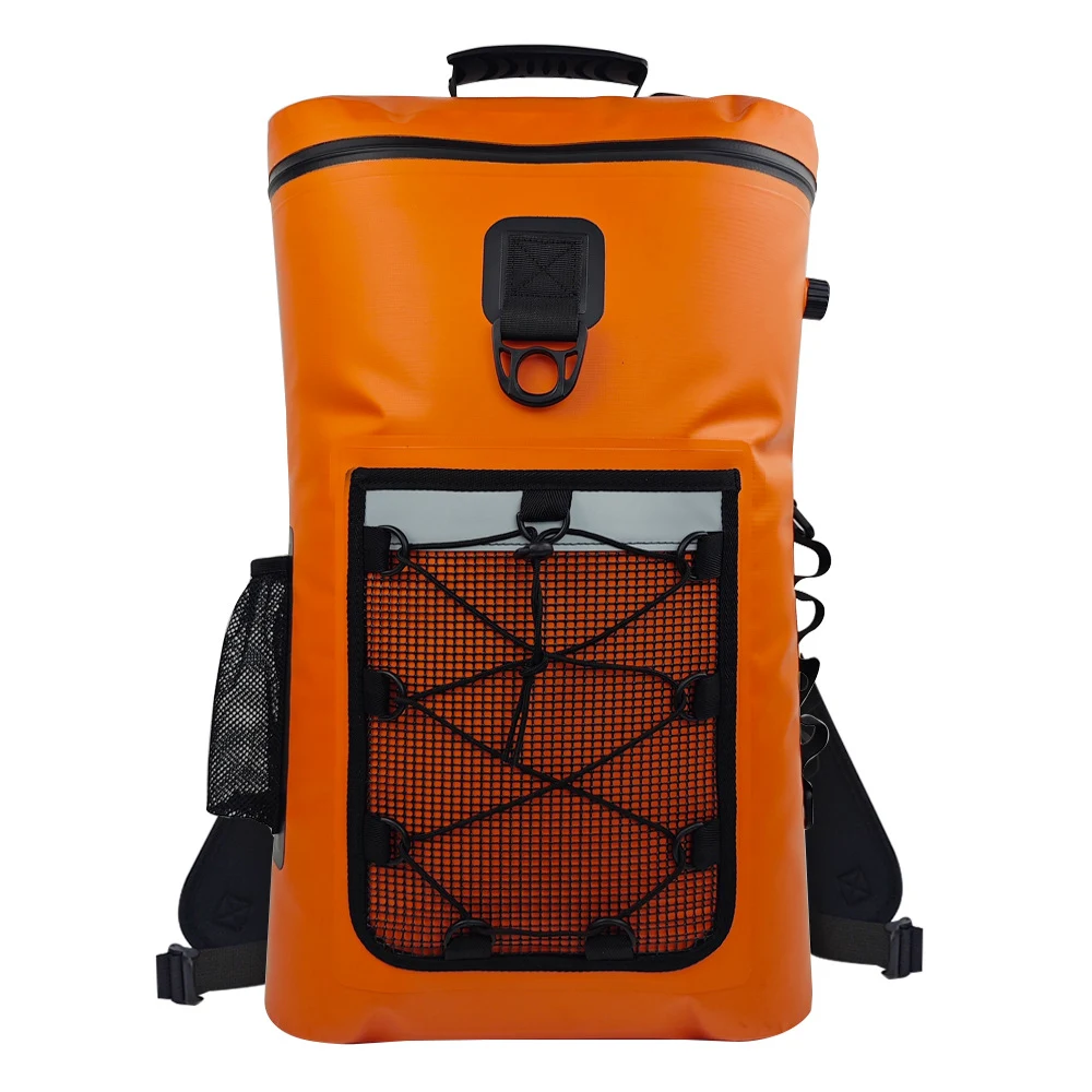 Orange zipper-opening backpack with front mesh pocket and air valve