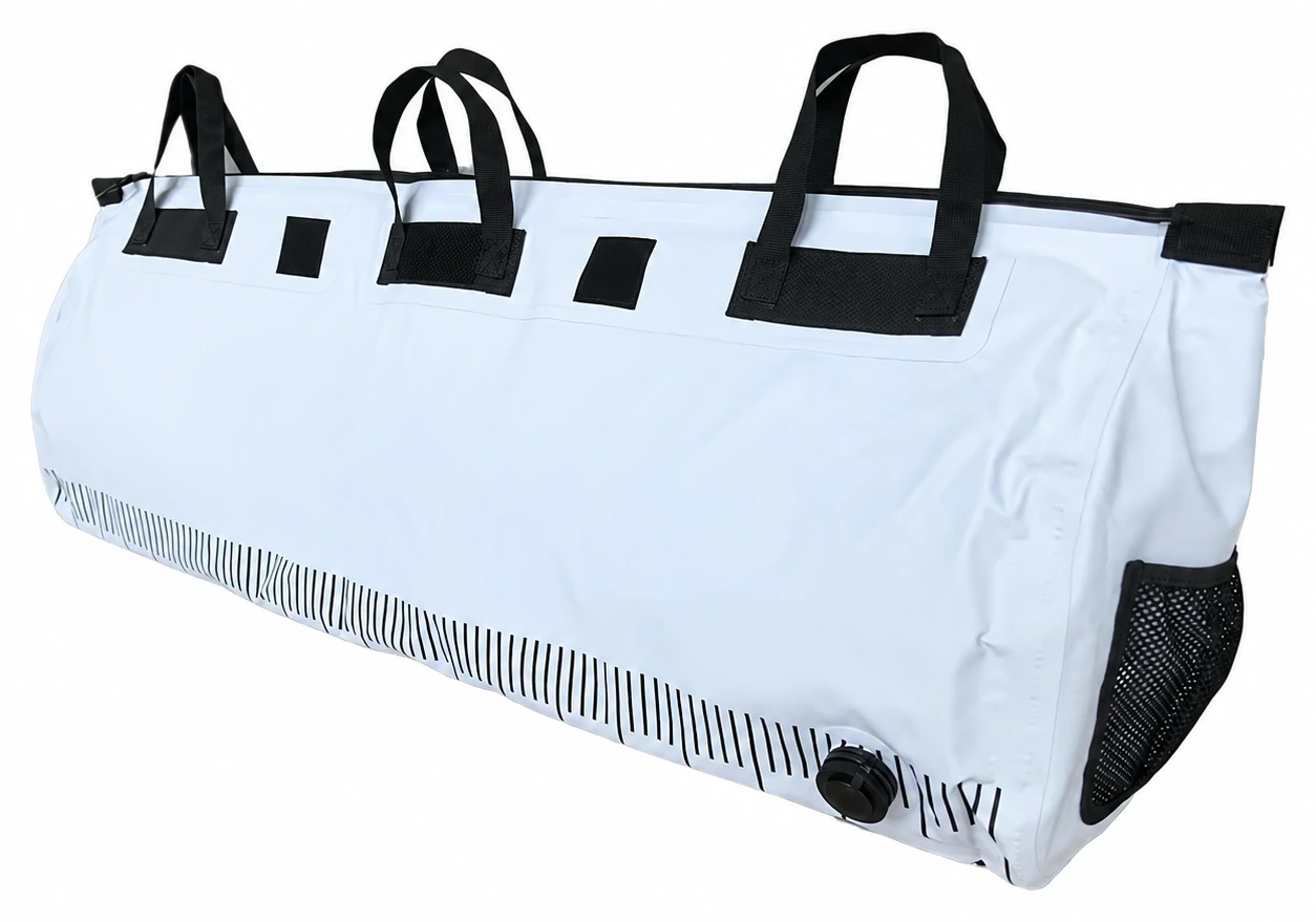 Custom waterproof fishing bag for offshore use with long white PVC body, black carry handles, drain plug and end mesh pocket