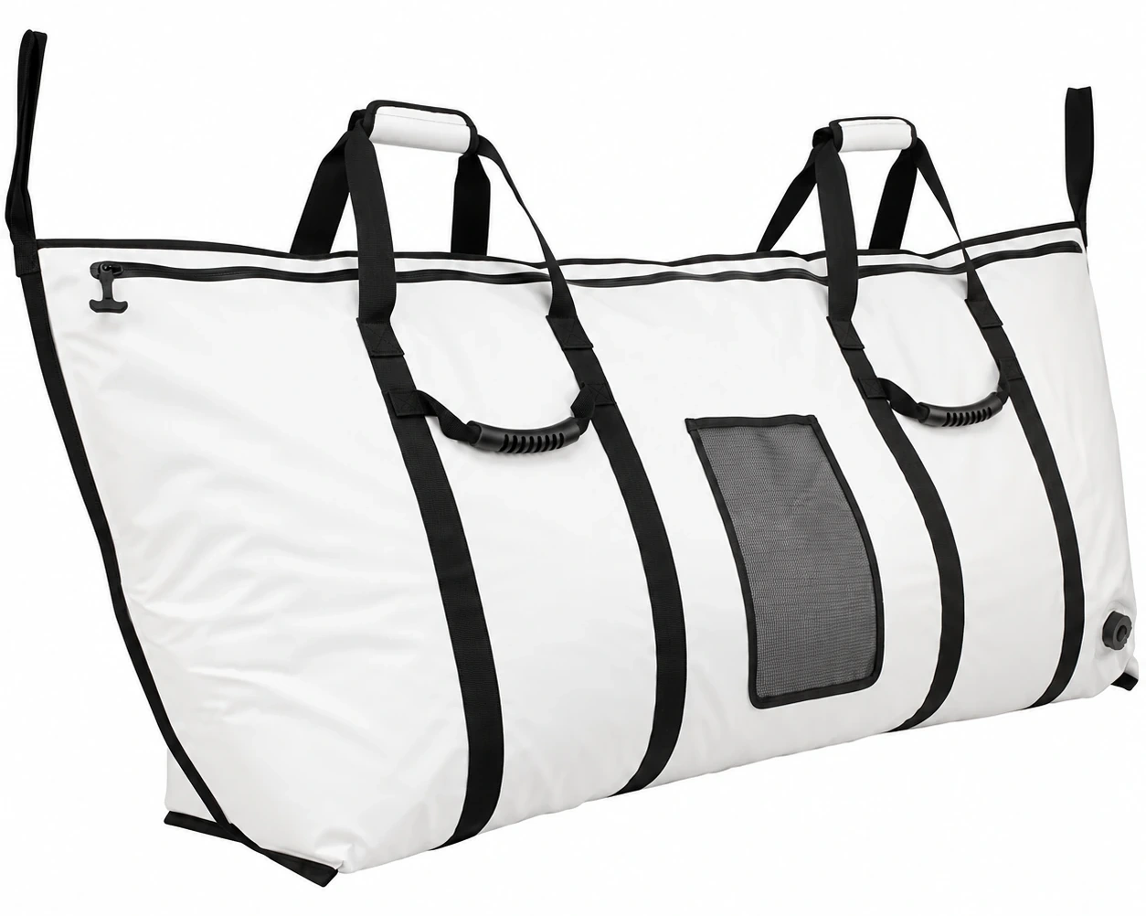 Custom waterproof fishing bag with white PVC body, reinforced black webbing, grip handles, front mesh pocket and drain port