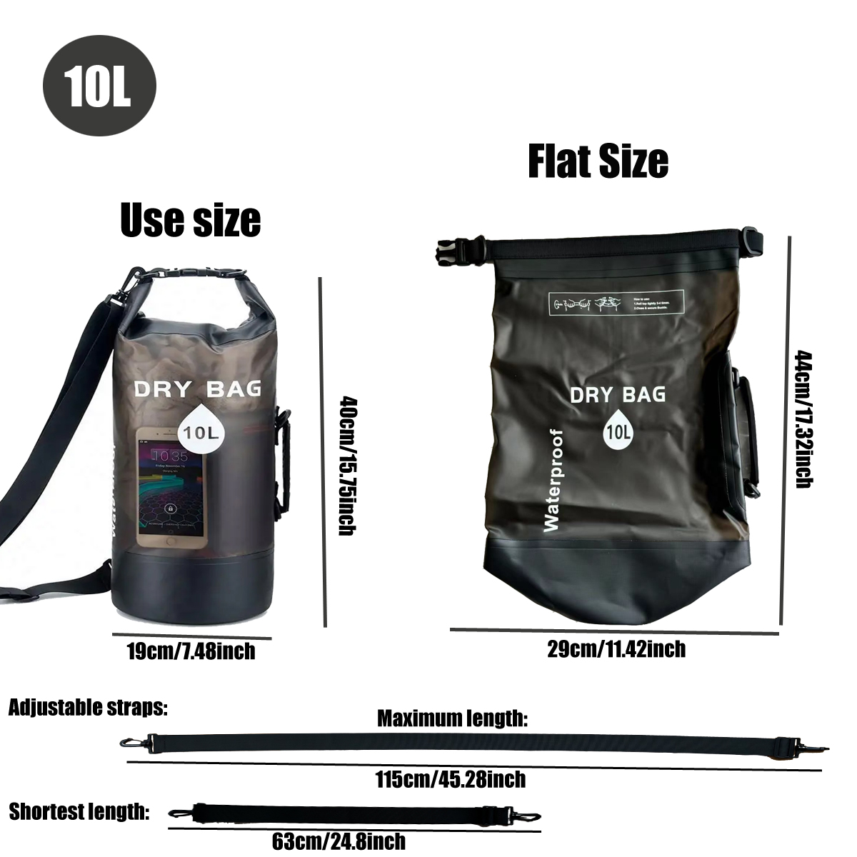 Black Two-Tone Roll-Top Waterproof Dry Bag: 10L size reference