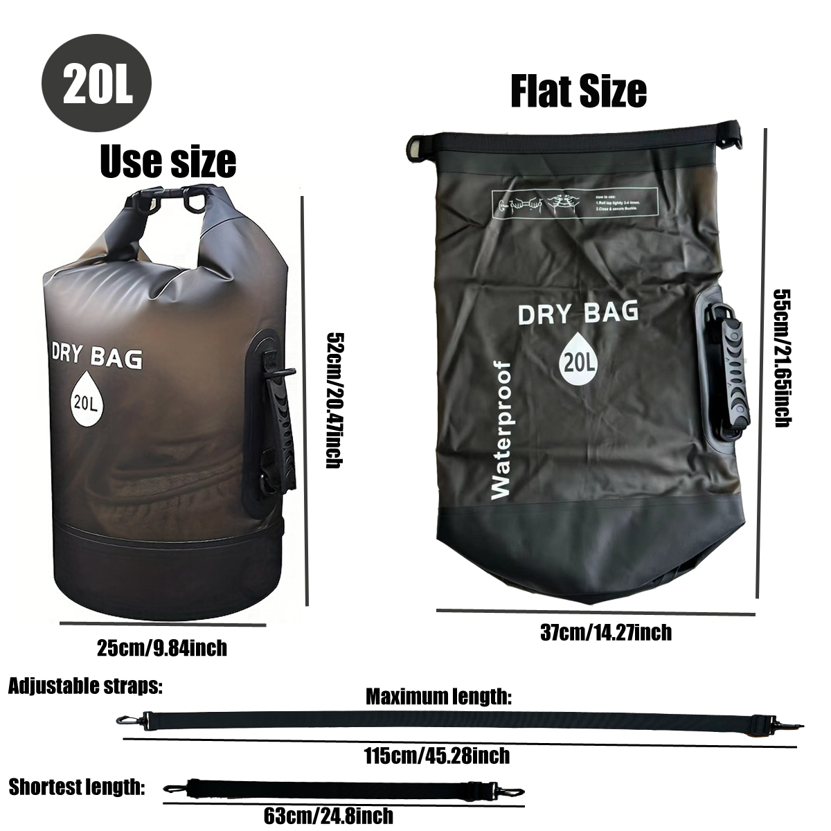 Black Two-Tone Roll-Top Waterproof Dry Bag: 20L size reference