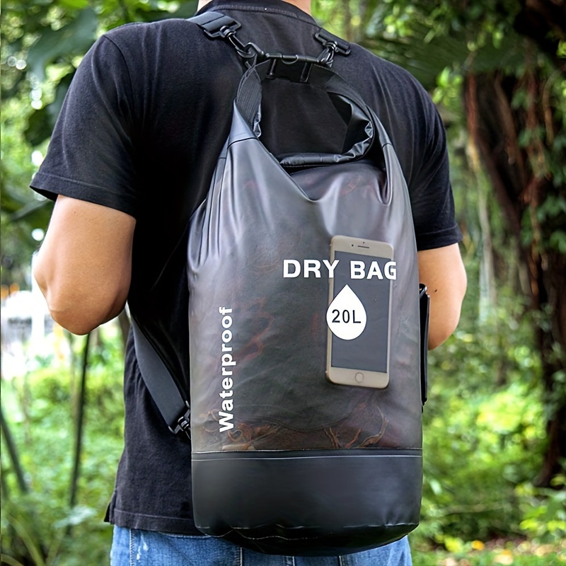 Black Two-Tone Roll-Top Waterproof Dry Bag: Backpack carrying view